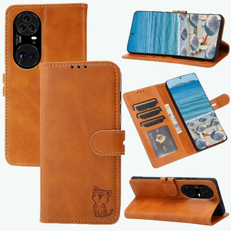 For Huawei P50 Pro Embossed Happy Cat Pattern Horizontal Flip Leather Case with Holder & Card Slots & Wallet