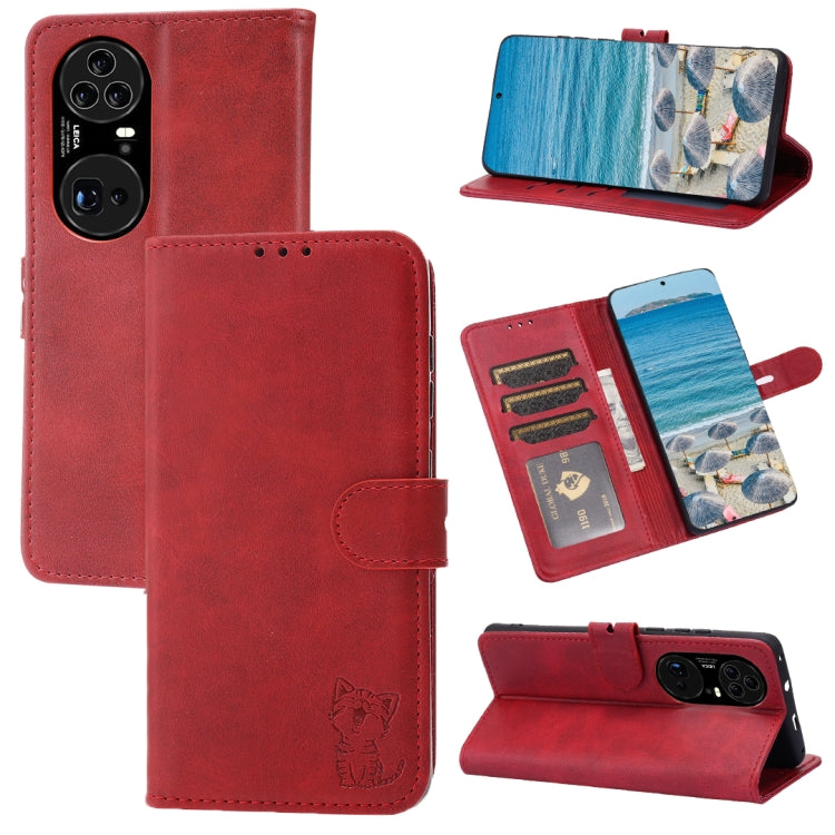 For Huawei P50 Pro Embossed Happy Cat Pattern Horizontal Flip Leather Case with Holder & Card Slots & Wallet