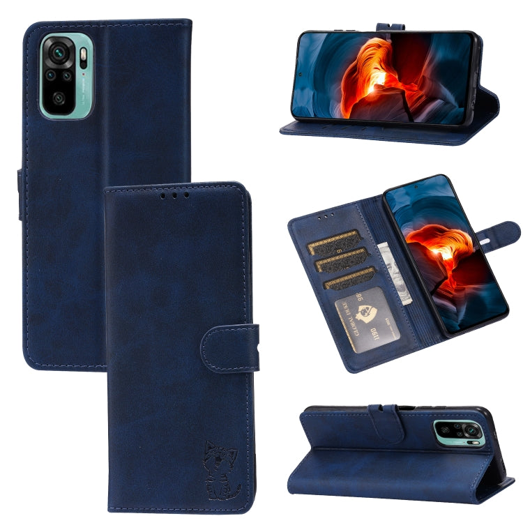 For Xiaomi Redmi Note 10 4G Embossed Happy Cat Pattern Horizontal Flip Leather Case with Holder & Card Slots & Wallet