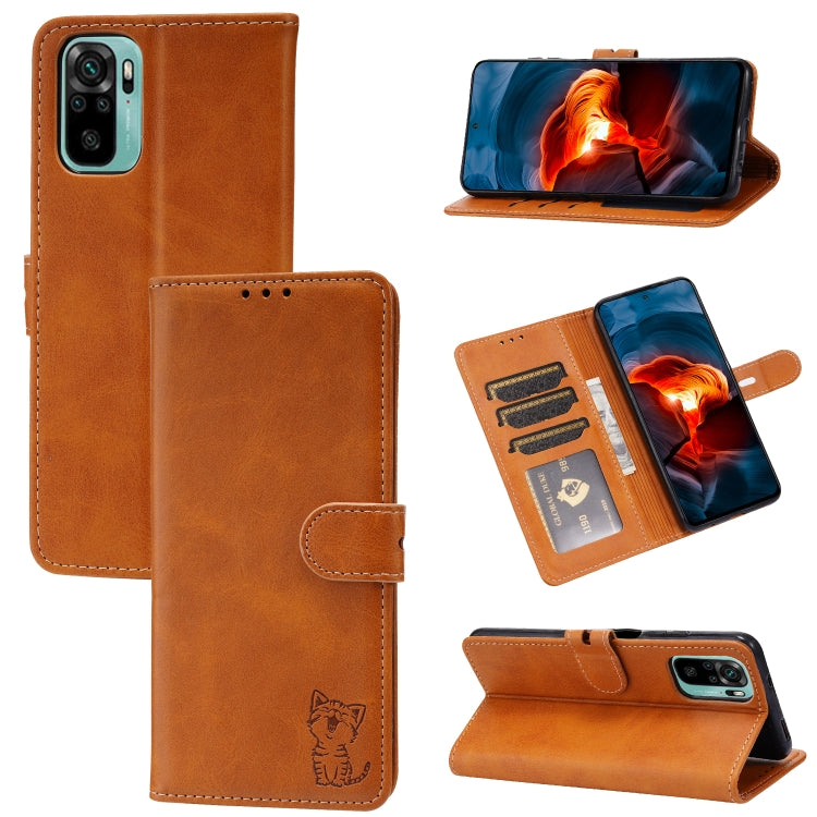 For Xiaomi Redmi Note 10 4G Embossed Happy Cat Pattern Horizontal Flip Leather Case with Holder & Card Slots & Wallet