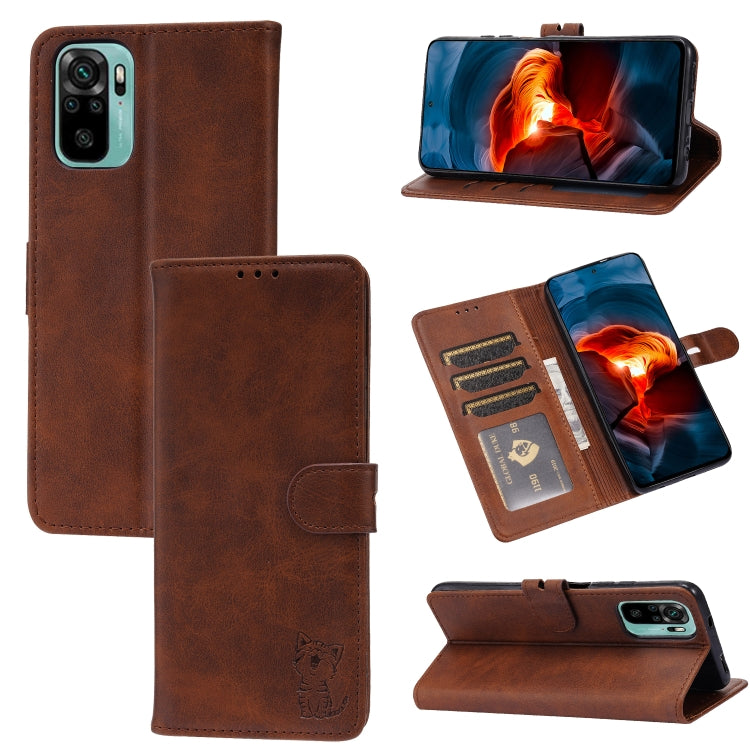 For Xiaomi Redmi Note 10 4G Embossed Happy Cat Pattern Horizontal Flip Leather Case with Holder & Card Slots & Wallet