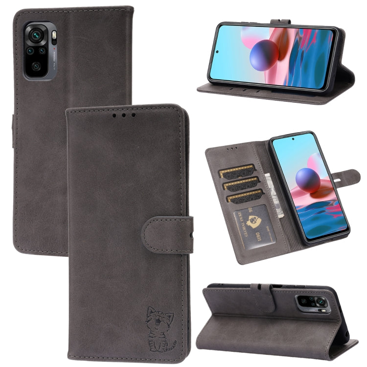 For Xiaomi Redmi Note 10 5G Embossed Happy Cat Pattern Horizontal Flip Leather Case with Holder & Card Slots & Wallet