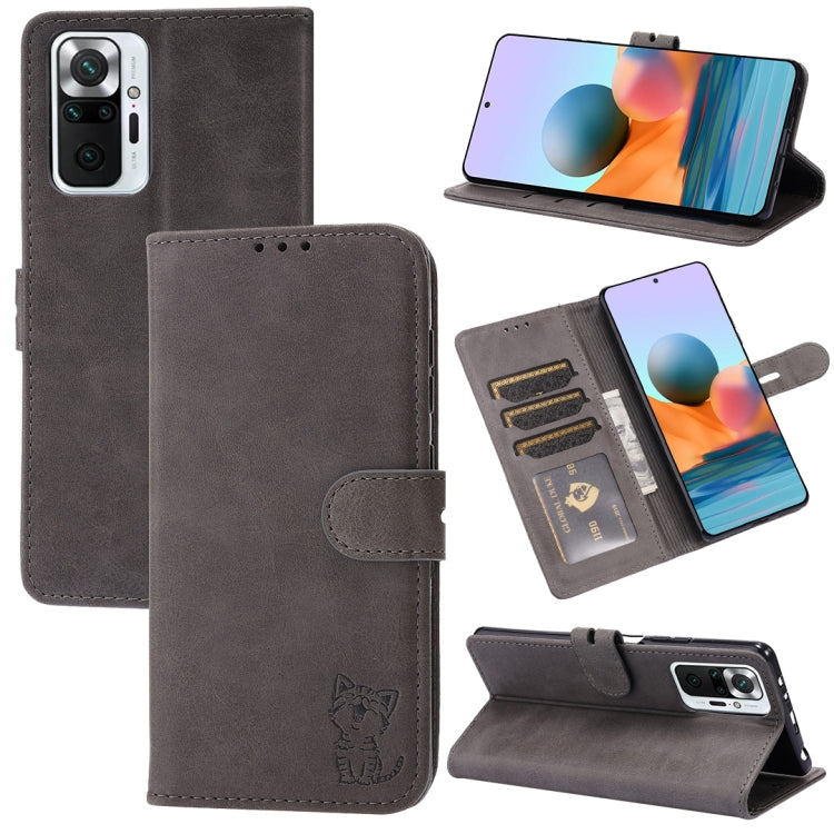 For Xiaomi Redmi Note 10 Pro Embossed Happy Cat Pattern Horizontal Flip Leather Case with Holder & Card Slots & Wallet
