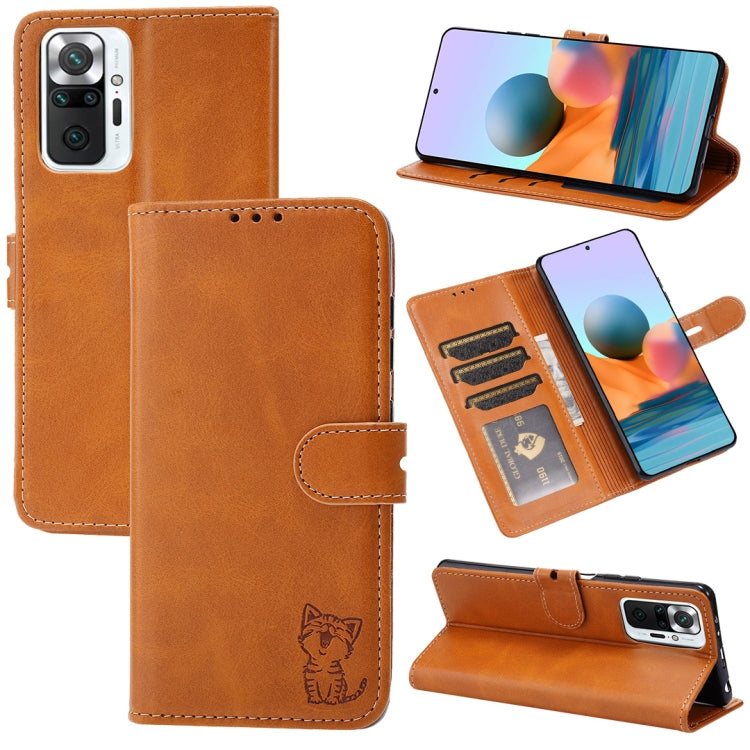 For Xiaomi Redmi Note 10 Pro Embossed Happy Cat Pattern Horizontal Flip Leather Case with Holder & Card Slots & Wallet