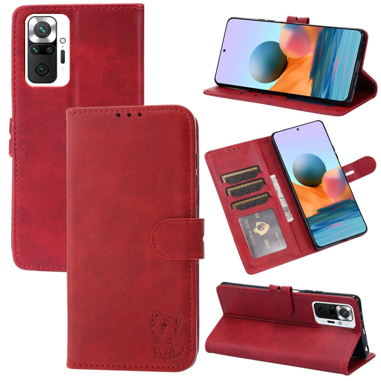 For Xiaomi Redmi Note 10 Pro Embossed Happy Cat Pattern Horizontal Flip Leather Case with Holder & Card Slots & Wallet