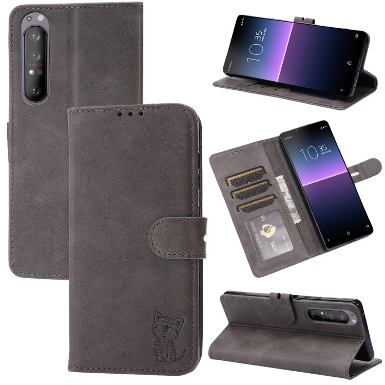 For Sony Xperia 1 III Embossed Happy Cat Pattern Horizontal Flip Leather Case with Holder & Card Slots & Wallet