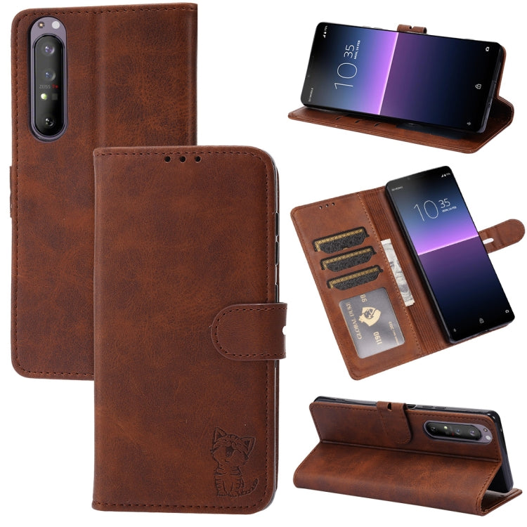 For Sony Xperia 1 III Embossed Happy Cat Pattern Horizontal Flip Leather Case with Holder & Card Slots & Wallet
