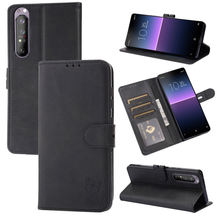 For Sony Xperia 5 III Embossed Happy Cat Pattern Horizontal Flip Leather Case with Holder & Card Slots & Wallet
