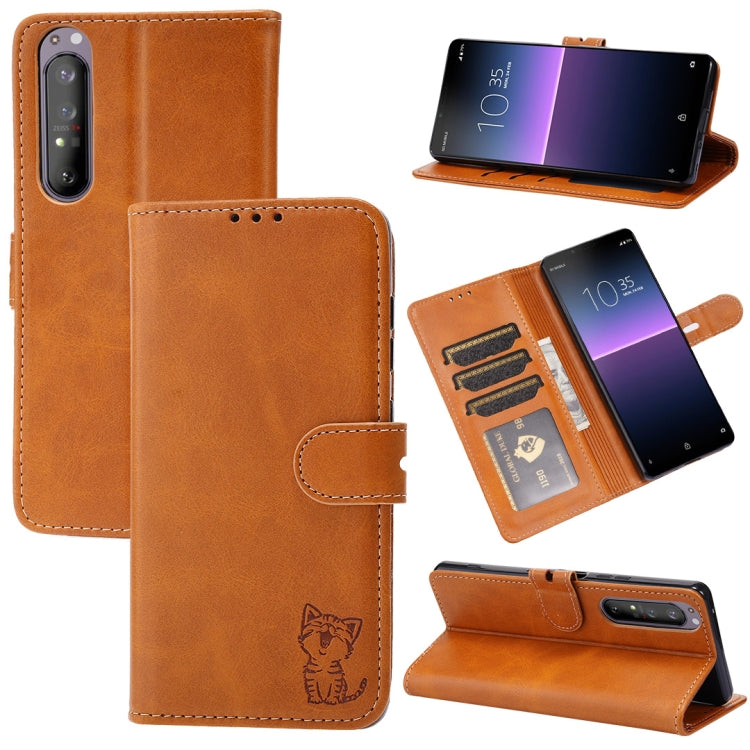 For Sony Xperia 5 III Embossed Happy Cat Pattern Horizontal Flip Leather Case with Holder & Card Slots & Wallet