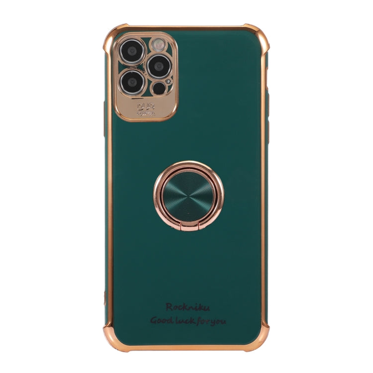 For iPhone 11 Electroplating Solid Color TPU Four-Corner Shockproof Protective Case with Ring Holder
