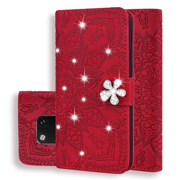 For Huawei Mate 20 Pro Calf Pattern Diamond Mandala Double Folding Design Embossed Leather Case with Wallet & Holder & Card Slots
