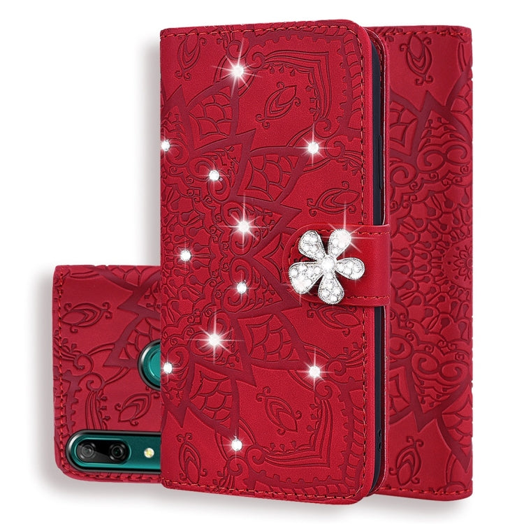 For Huawei P Smart 2019 Calf Pattern Diamond Mandala Double Folding Design Embossed Leather Case with Wallet & Holder & Card Slots