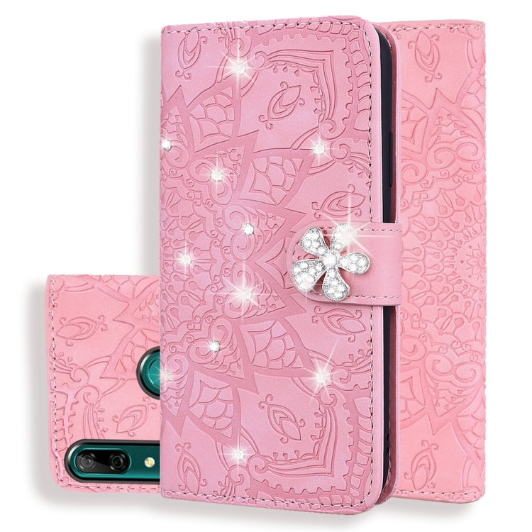 For Huawei P Smart 2019 Calf Pattern Diamond Mandala Double Folding Design Embossed Leather Case with Wallet & Holder & Card Slots