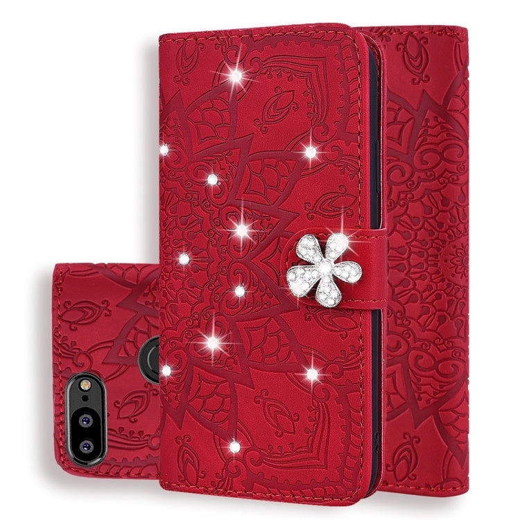 For Huawei P Smart / Honor 9 Lite Calf Pattern Diamond Mandala Double Folding Design Embossed Leather Case with Wallet & Holder & Card Slots