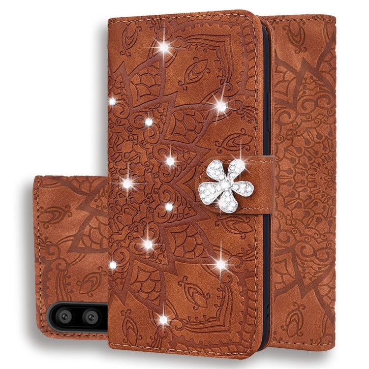 For Huawei P20 Pro Calf Pattern Diamond Mandala Double Folding Design Embossed Leather Case with Wallet & Holder & Card Slots
