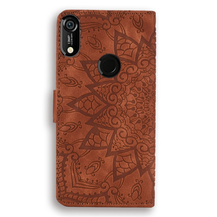 For Huawei Y6 (2019) Calf Pattern Diamond Mandala Double Folding Design Embossed Leather Case with Wallet & Holder & Card Slots