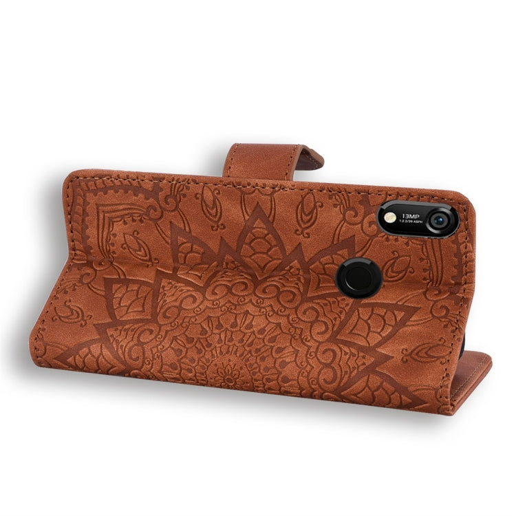 For Huawei Y6 (2019) Calf Pattern Diamond Mandala Double Folding Design Embossed Leather Case with Wallet & Holder & Card Slots