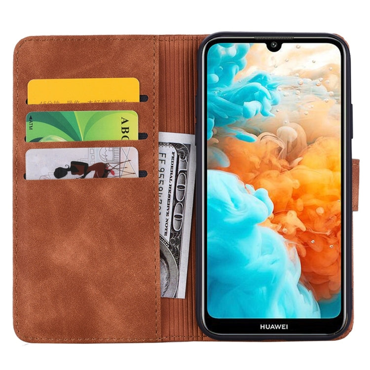 For Huawei Y6 (2019) Calf Pattern Diamond Mandala Double Folding Design Embossed Leather Case with Wallet & Holder & Card Slots