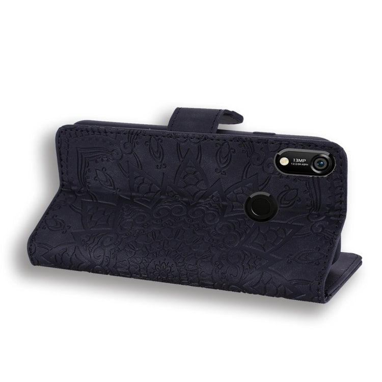 For Huawei Y6 (2019) Calf Pattern Diamond Mandala Double Folding Design Embossed Leather Case with Wallet & Holder & Card Slots
