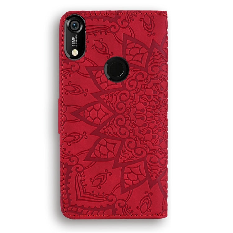For Huawei Y6 (2019) Calf Pattern Diamond Mandala Double Folding Design Embossed Leather Case with Wallet & Holder & Card Slots