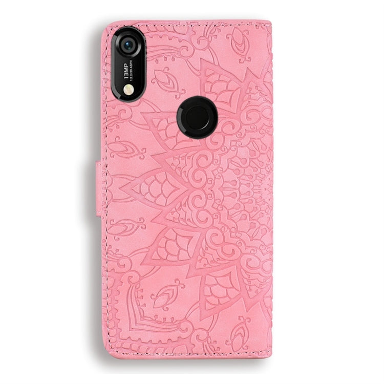 For Huawei Y6 (2019) Calf Pattern Diamond Mandala Double Folding Design Embossed Leather Case with Wallet & Holder & Card Slots