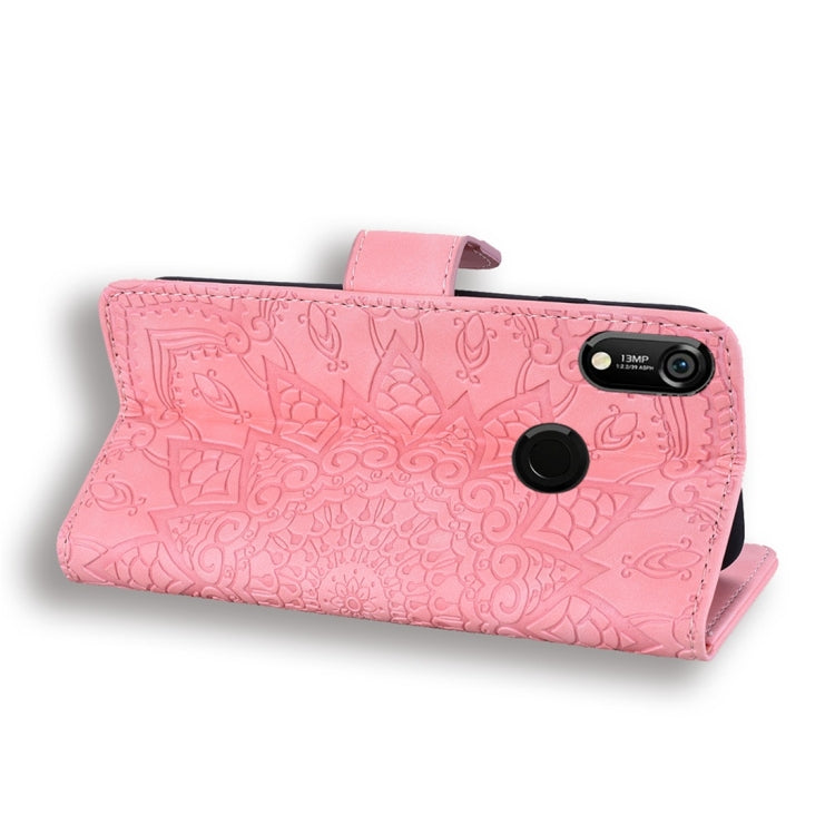 For Huawei Y6 (2019) Calf Pattern Diamond Mandala Double Folding Design Embossed Leather Case with Wallet & Holder & Card Slots
