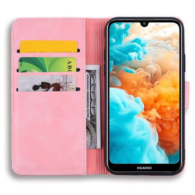 For Huawei Y6 (2019) Calf Pattern Diamond Mandala Double Folding Design Embossed Leather Case with Wallet & Holder & Card Slots
