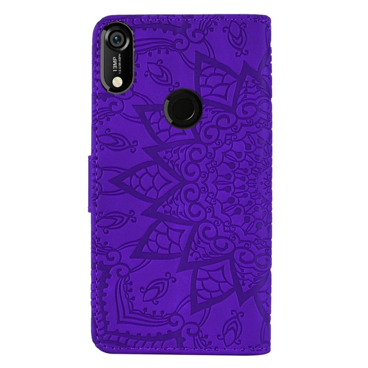 For Huawei Y6 (2019) Calf Pattern Diamond Mandala Double Folding Design Embossed Leather Case with Wallet & Holder & Card Slots