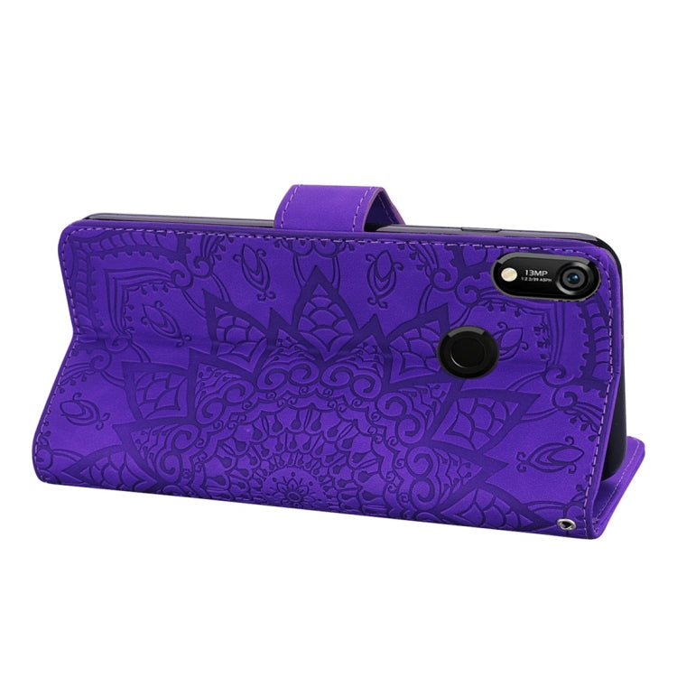 For Huawei Y6 (2019) Calf Pattern Diamond Mandala Double Folding Design Embossed Leather Case with Wallet & Holder & Card Slots