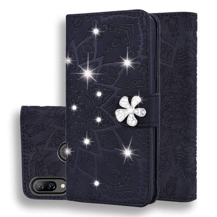 For Huawei Y7 Pro (2019) Calf Pattern Diamond Mandala Double Folding Design Embossed Leather Case with Wallet & Holder & Card Slots
