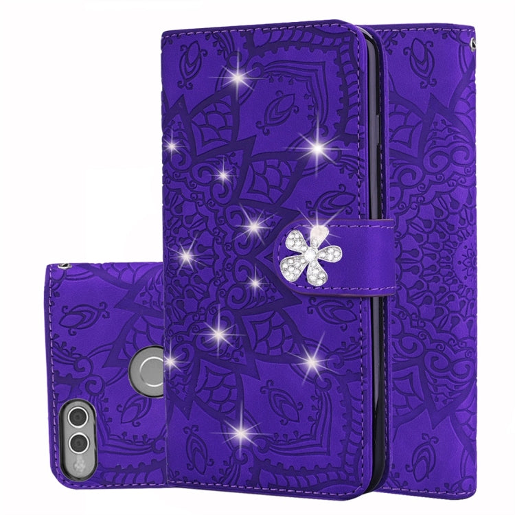 For Huawei Honor 7X Calf Pattern Diamond Mandala Double Folding Design Embossed Leather Case with Wallet & Holder & Card Slots