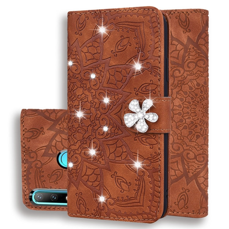 For Huawei P30 Lite Calf Pattern Diamond Mandala Double Folding Design Embossed Leather Case with Wallet & Holder & Card Slots