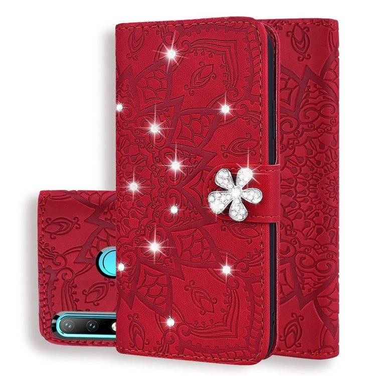 For Huawei P30 Lite Calf Pattern Diamond Mandala Double Folding Design Embossed Leather Case with Wallet & Holder & Card Slots