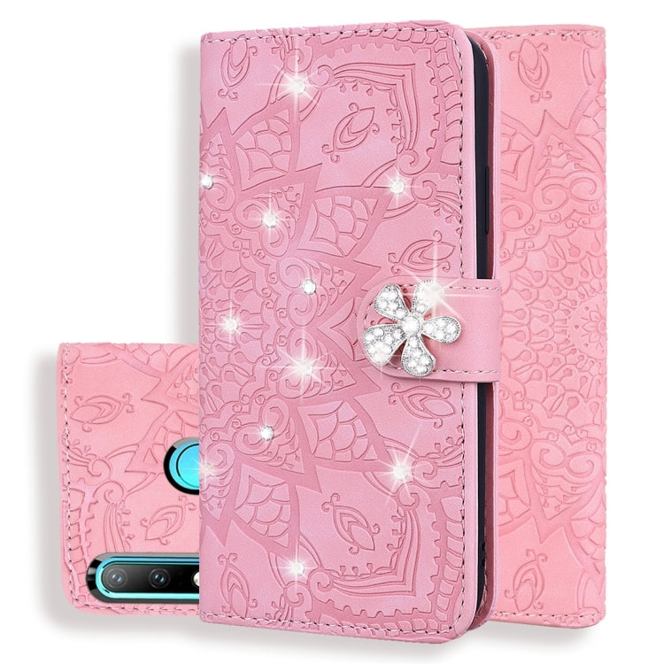 For Huawei P30 Lite Calf Pattern Diamond Mandala Double Folding Design Embossed Leather Case with Wallet & Holder & Card Slots