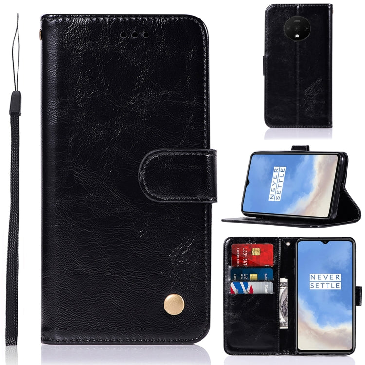 For OnePlus 7T Retro Copper Button Crazy Horse Horizontal Flip PU Leather Case with Holder & Card Slots & Wallet & Lanyard