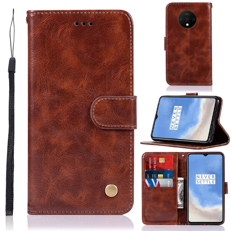 For OnePlus 7T Retro Copper Button Crazy Horse Horizontal Flip PU Leather Case with Holder & Card Slots & Wallet & Lanyard