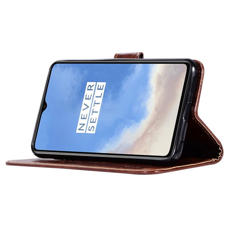 For OnePlus 7T Retro Copper Button Crazy Horse Horizontal Flip PU Leather Case with Holder & Card Slots & Wallet & Lanyard