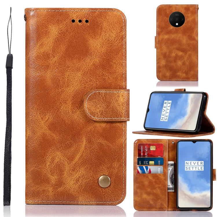 For OnePlus 7T Retro Copper Button Crazy Horse Horizontal Flip PU Leather Case with Holder & Card Slots & Wallet & Lanyard