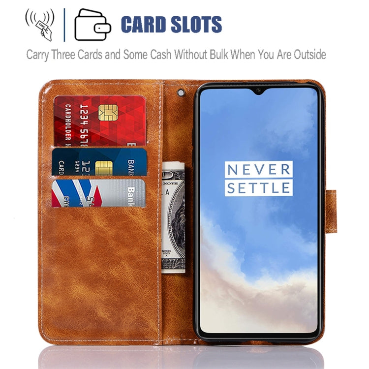 For OnePlus 7T Retro Copper Button Crazy Horse Horizontal Flip PU Leather Case with Holder & Card Slots & Wallet & Lanyard