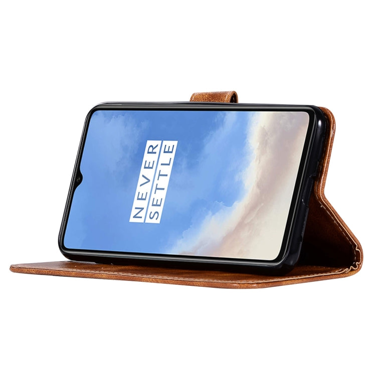 For OnePlus 7T Retro Copper Button Crazy Horse Horizontal Flip PU Leather Case with Holder & Card Slots & Wallet & Lanyard