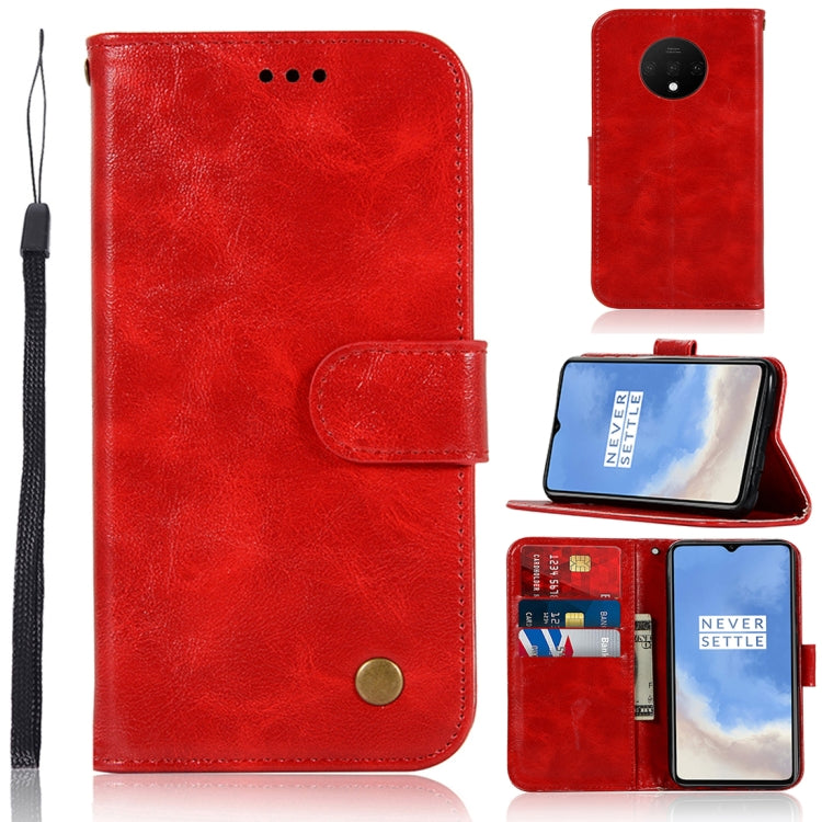 For OnePlus 7T Retro Copper Button Crazy Horse Horizontal Flip PU Leather Case with Holder & Card Slots & Wallet & Lanyard