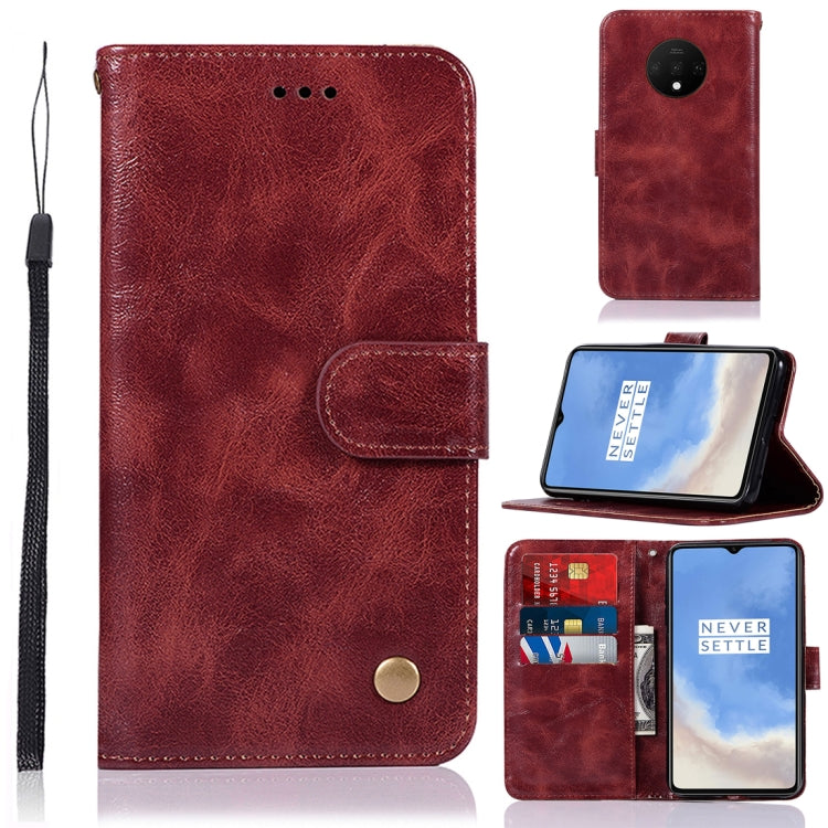 For OnePlus 7T Retro Copper Button Crazy Horse Horizontal Flip PU Leather Case with Holder & Card Slots & Wallet & Lanyard
