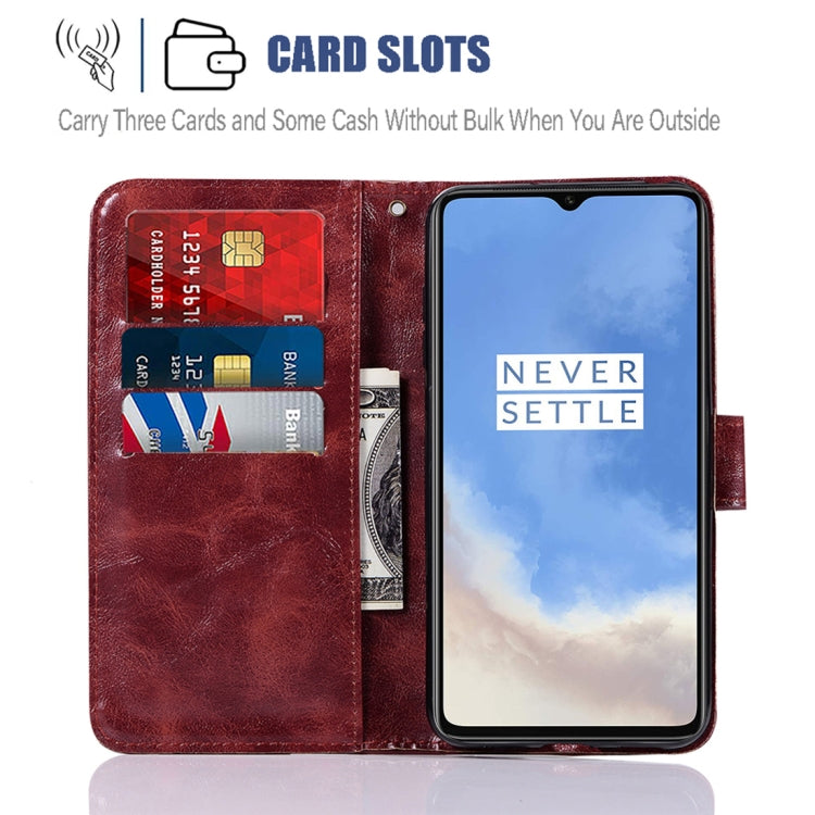 For OnePlus 7T Retro Copper Button Crazy Horse Horizontal Flip PU Leather Case with Holder & Card Slots & Wallet & Lanyard