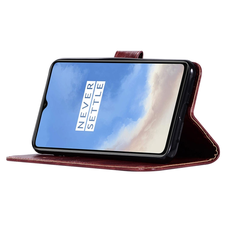For OnePlus 7T Retro Copper Button Crazy Horse Horizontal Flip PU Leather Case with Holder & Card Slots & Wallet & Lanyard