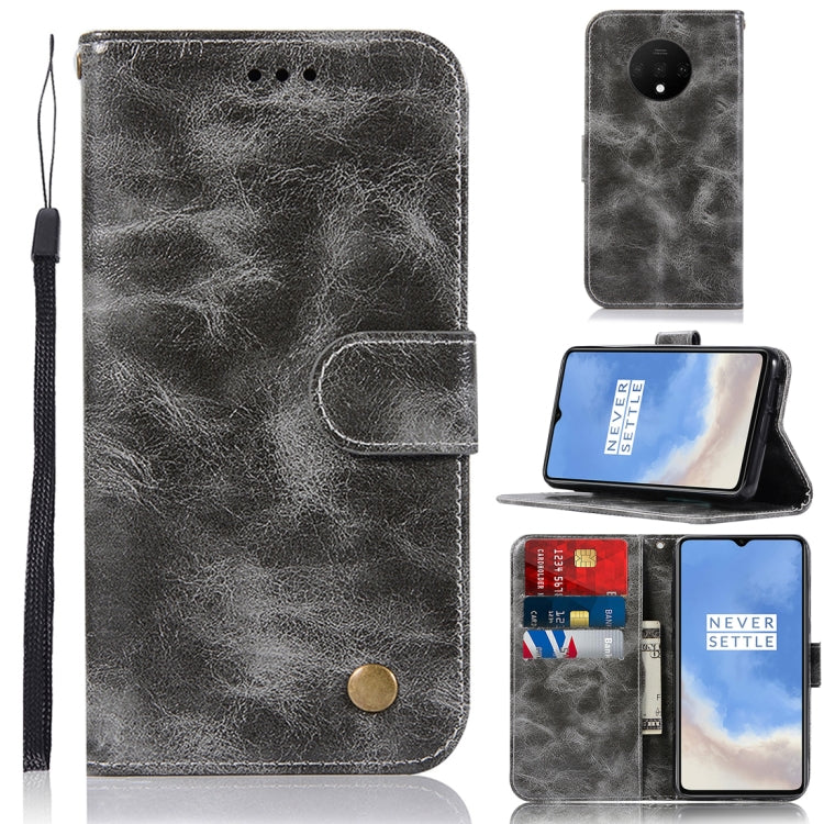 For OnePlus 7T Retro Copper Button Crazy Horse Horizontal Flip PU Leather Case with Holder & Card Slots & Wallet & Lanyard