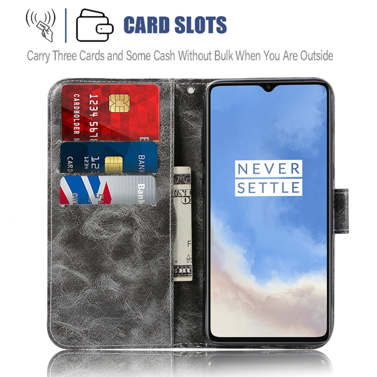 For OnePlus 7T Retro Copper Button Crazy Horse Horizontal Flip PU Leather Case with Holder & Card Slots & Wallet & Lanyard