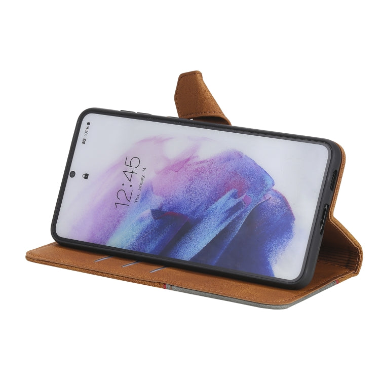 Three-color Stitching Calf Texture Horizontal Flip Leather Case with Holder & Card Slots & Wallet For Samsung Galaxy S21 5G