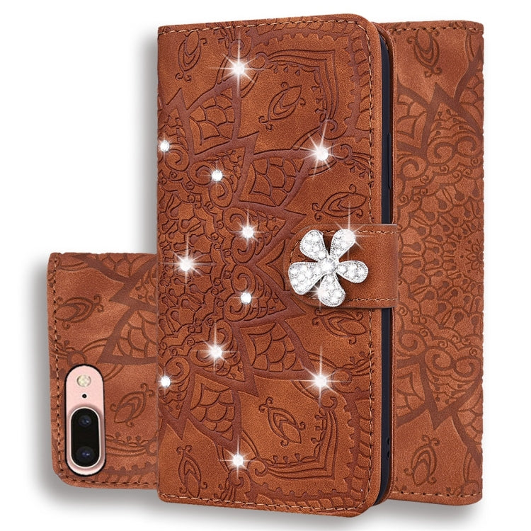 For iPhone 7 Plus / 8 Plus Calf Pattern Diamond Mandala Double Folding Design Embossed Leather Case with Wallet & Holder & Card Slots