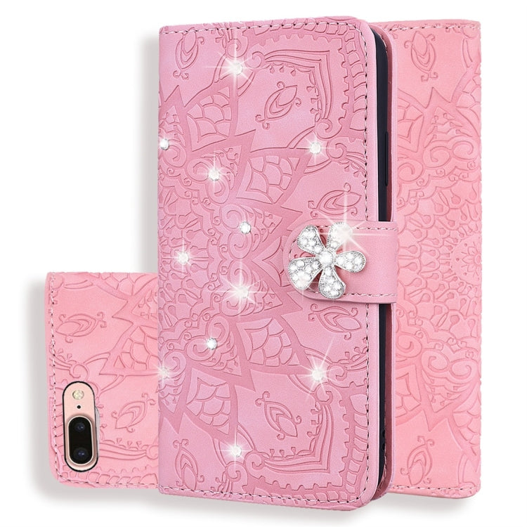 For iPhone 7 Plus / 8 Plus Calf Pattern Diamond Mandala Double Folding Design Embossed Leather Case with Wallet & Holder & Card Slots
