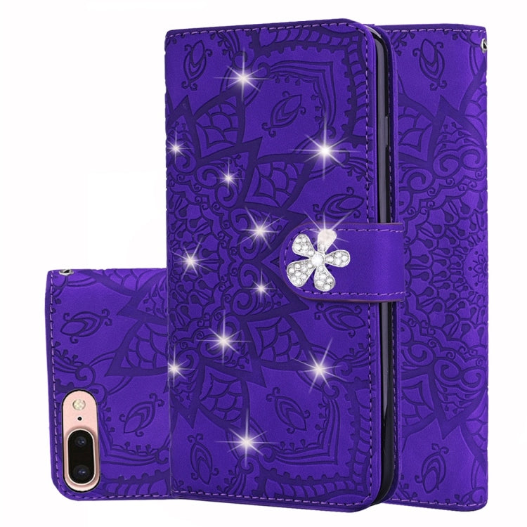 For iPhone 7 Plus / 8 Plus Calf Pattern Diamond Mandala Double Folding Design Embossed Leather Case with Wallet & Holder & Card Slots